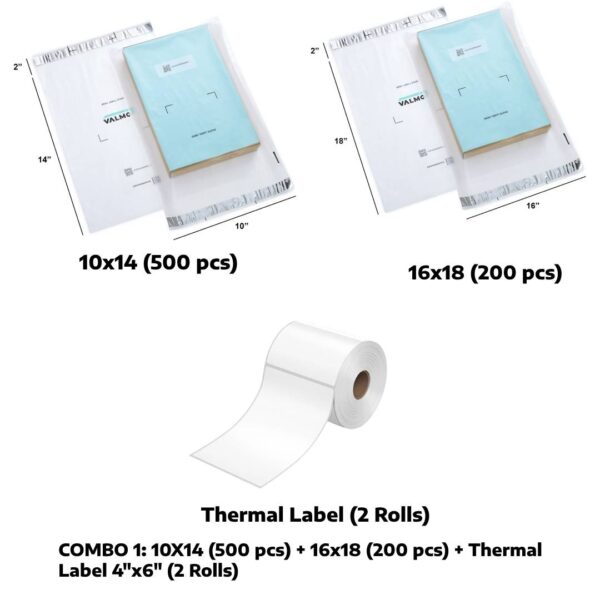 Valmo Branded Combo 1: 10x14 (500pcs), 16x18 (200pcs) & 4x6" (2 Roll) (400 labels each roll)
